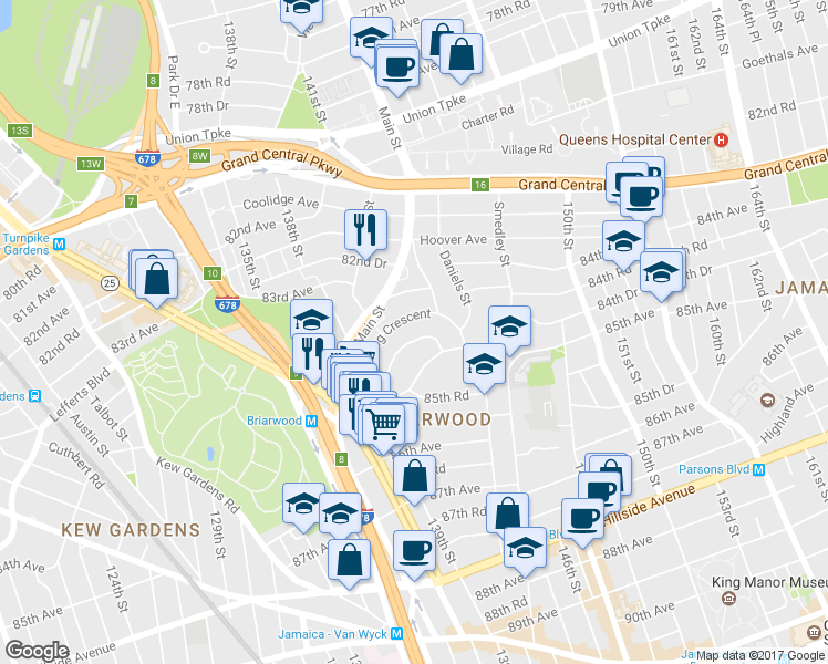 map of restaurants, bars, coffee shops, grocery stores, and more near 140-69 Burden Crescent in Queens
