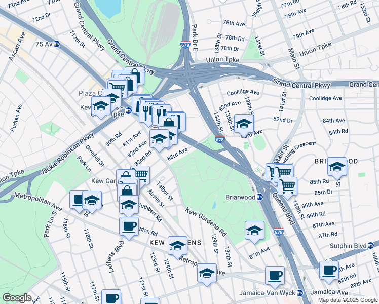 map of restaurants, bars, coffee shops, grocery stores, and more near 12606 Queens Boulevard in Queens