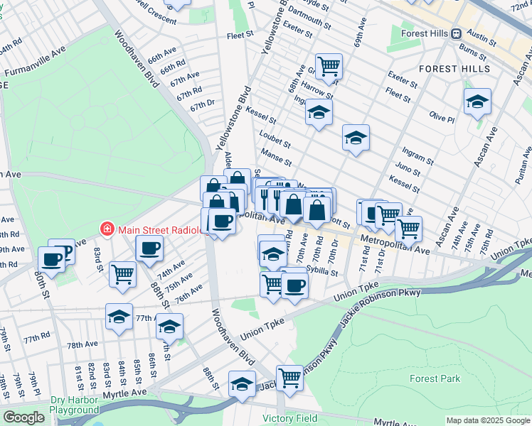 map of restaurants, bars, coffee shops, grocery stores, and more near 8807 69th Avenue in Queens