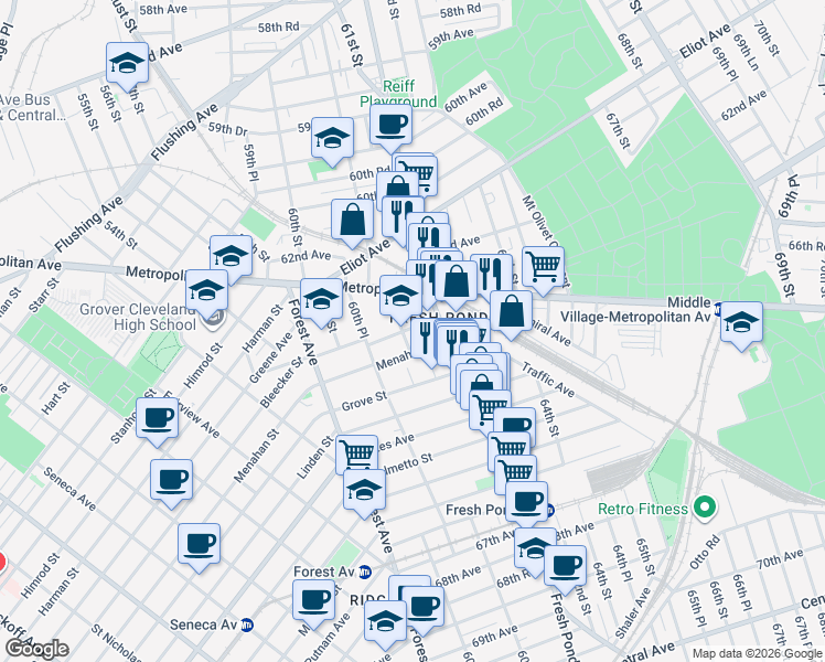 map of restaurants, bars, coffee shops, grocery stores, and more near 63-10 Fresh Pond Road in Queens