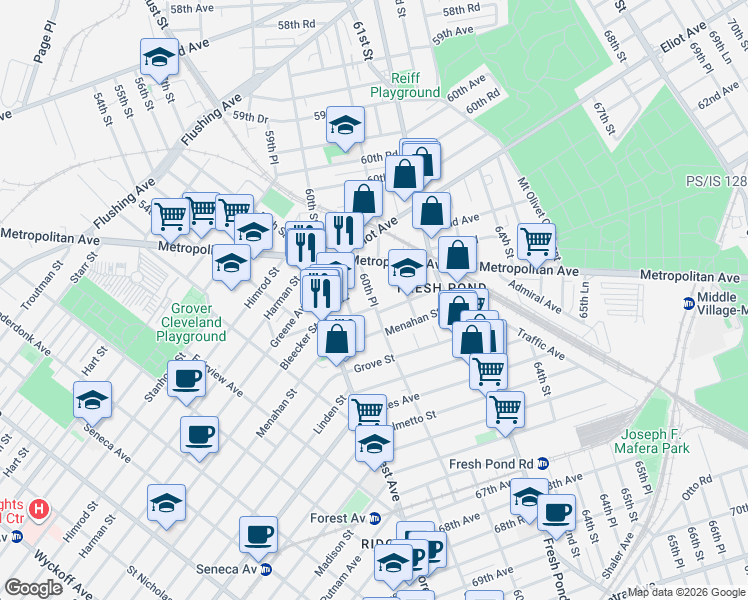 map of restaurants, bars, coffee shops, grocery stores, and more near 62-78 60th Place in Queens