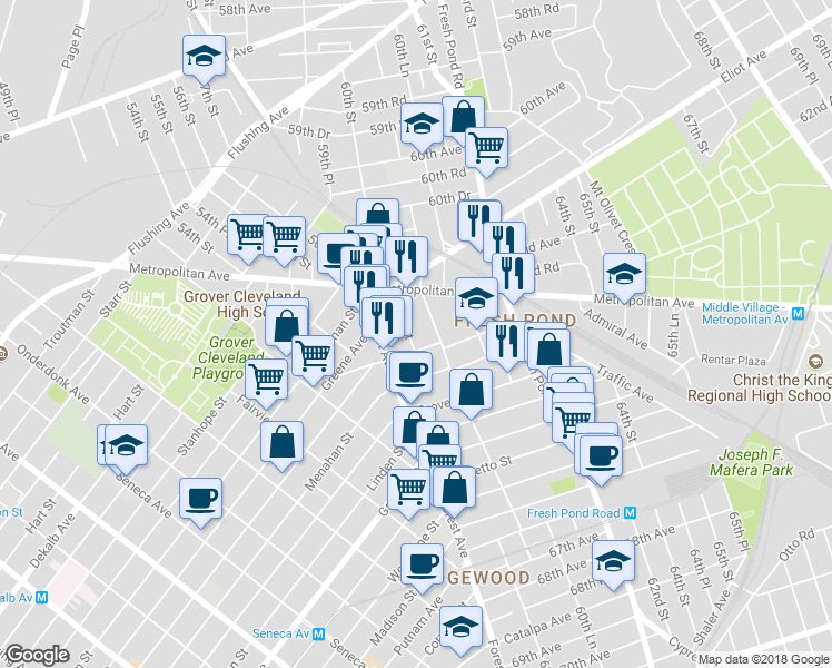 map of restaurants, bars, coffee shops, grocery stores, and more near 62-78 60th Place in Queens
