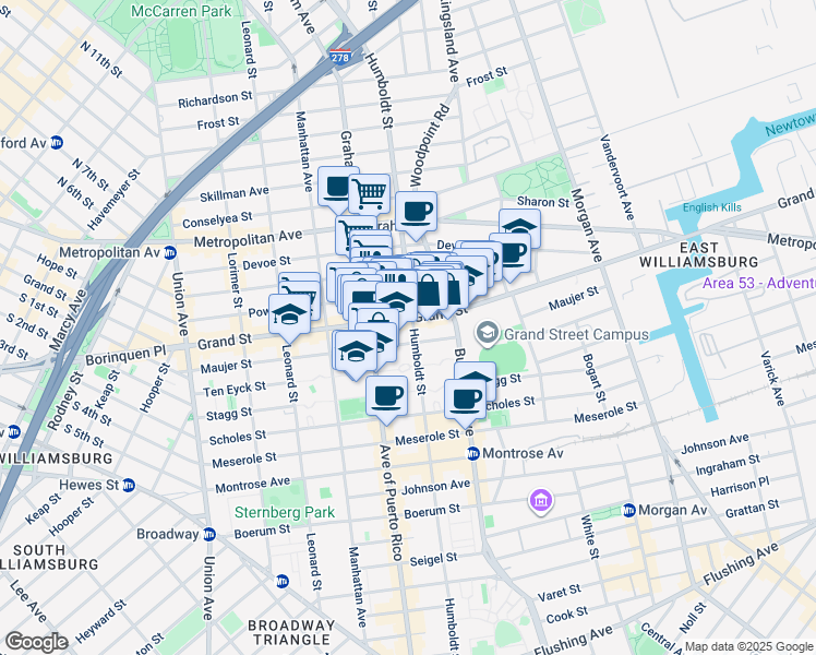 map of restaurants, bars, coffee shops, grocery stores, and more near 770 Grand Street in Brooklyn