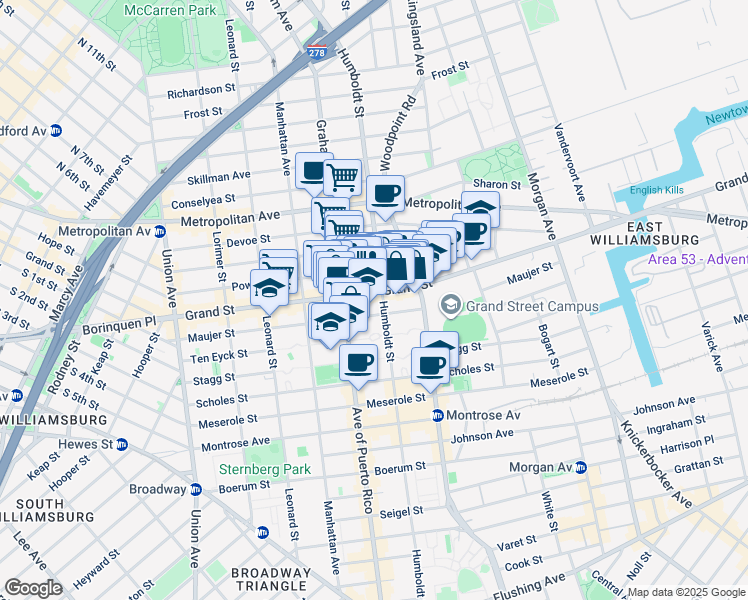 map of restaurants, bars, coffee shops, grocery stores, and more near 770 Grand Street in Brooklyn