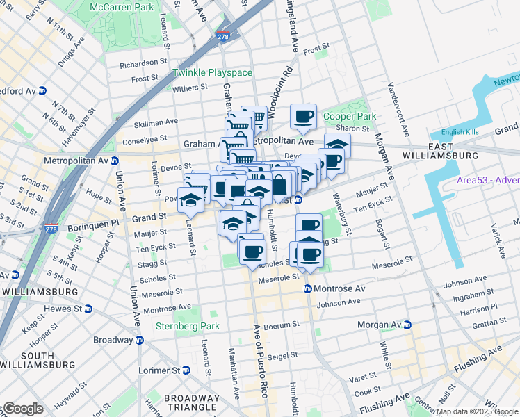 map of restaurants, bars, coffee shops, grocery stores, and more near 770 Grand Street in Brooklyn