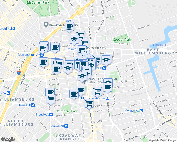 map of restaurants, bars, coffee shops, grocery stores, and more near 702 Grand Street in Brooklyn