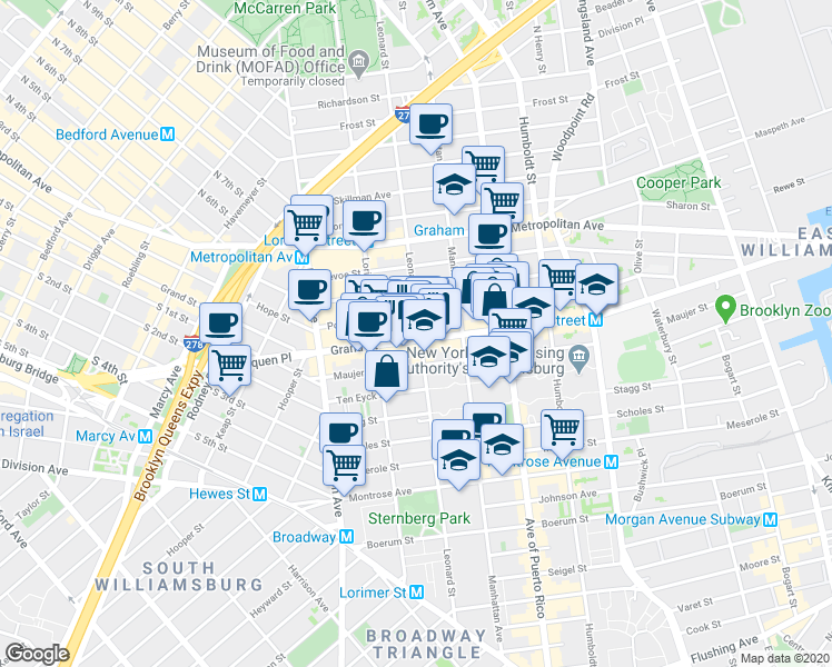 map of restaurants, bars, coffee shops, grocery stores, and more near in Brooklyn