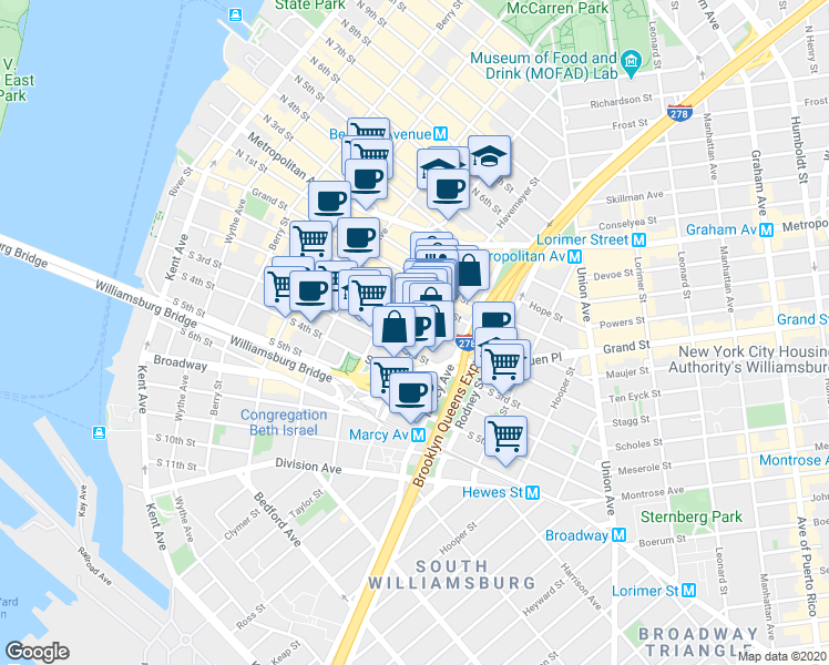 map of restaurants, bars, coffee shops, grocery stores, and more near 153 Havemeyer Street in Brooklyn