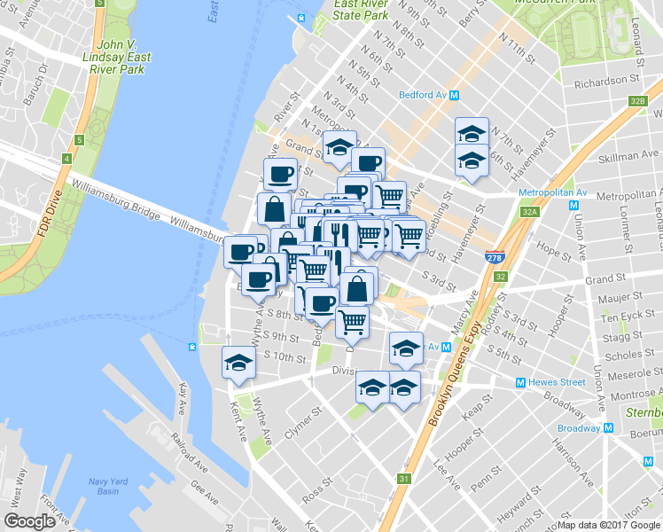 map of restaurants, bars, coffee shops, grocery stores, and more near 376 Bedford Avenue in Brooklyn