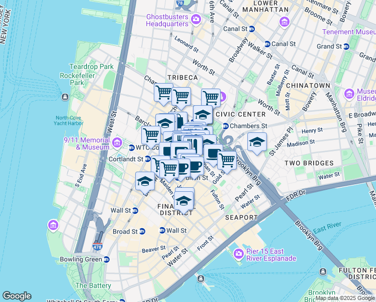 map of restaurants, bars, coffee shops, grocery stores, and more near 1 Beekman Street in New York