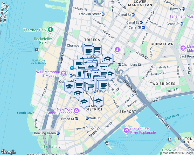 map of restaurants, bars, coffee shops, grocery stores, and more near 225 Broadway in New York