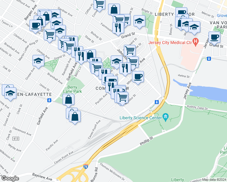 map of restaurants, bars, coffee shops, grocery stores, and more near in Jersey City