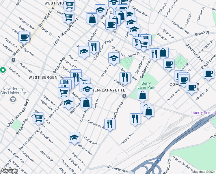 map of restaurants, bars, coffee shops, grocery stores, and more near 1 Minerva Street in Jersey City