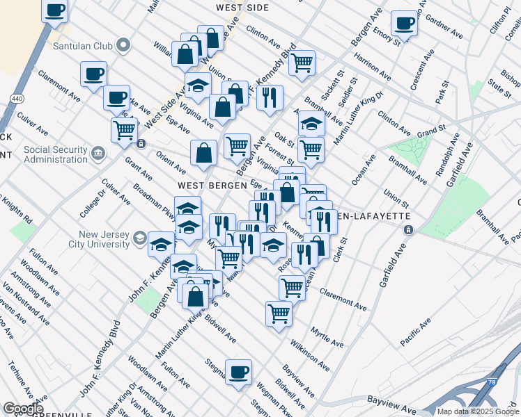 map of restaurants, bars, coffee shops, grocery stores, and more near 104 Orient Avenue in Jersey City
