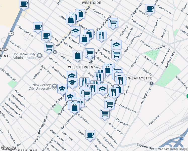 map of restaurants, bars, coffee shops, grocery stores, and more near 104 Orient Avenue in Jersey City