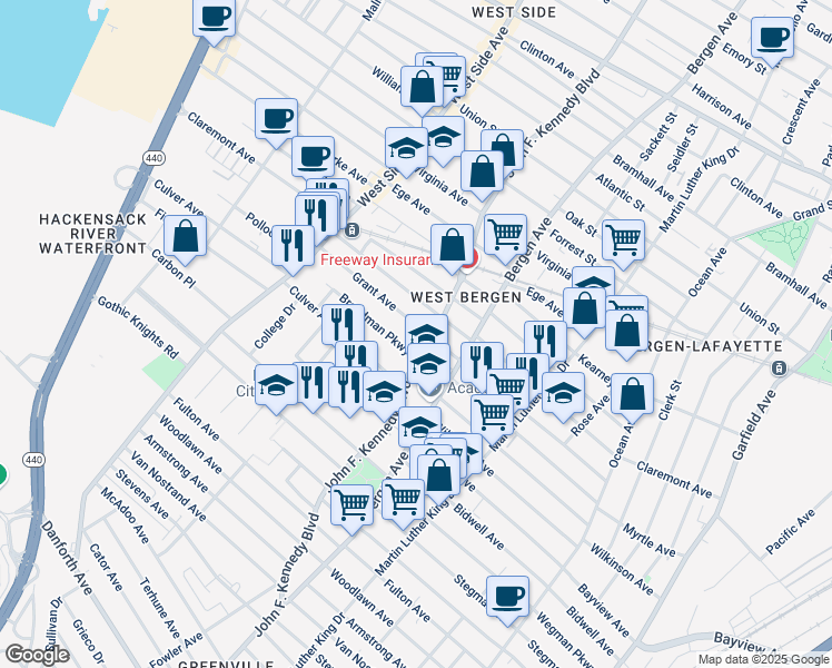 map of restaurants, bars, coffee shops, grocery stores, and more near in Jersey City