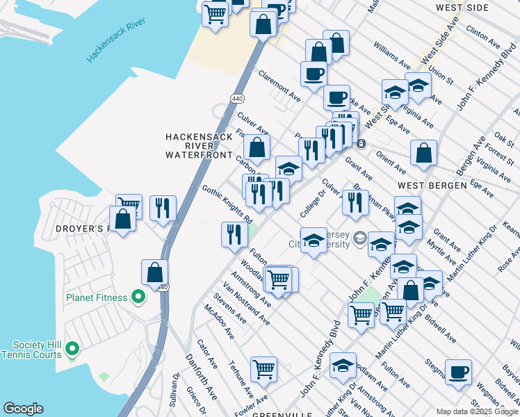 map of restaurants, bars, coffee shops, grocery stores, and more near 179 West Side Avenue in Jersey City