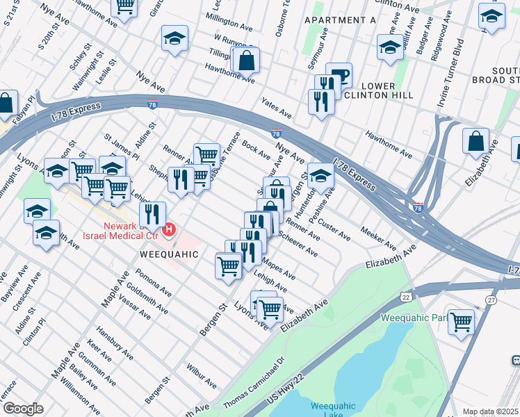 map of restaurants, bars, coffee shops, grocery stores, and more near 166 Renner Avenue in Newark