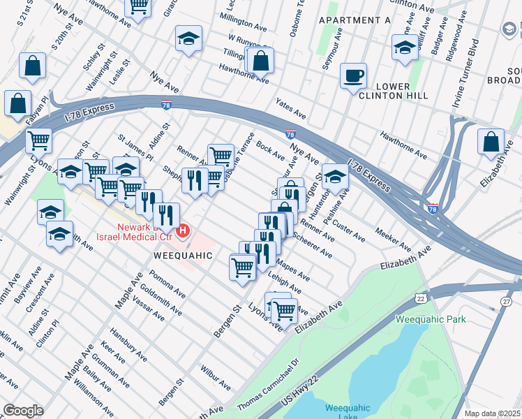 map of restaurants, bars, coffee shops, grocery stores, and more near 151 Scheerer Avenue in Newark