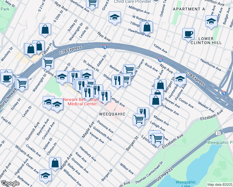 map of restaurants, bars, coffee shops, grocery stores, and more near 6 Mapes Terrace in Newark