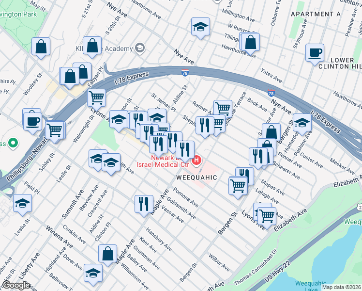map of restaurants, bars, coffee shops, grocery stores, and more near 203 Schuyler Avenue in Newark