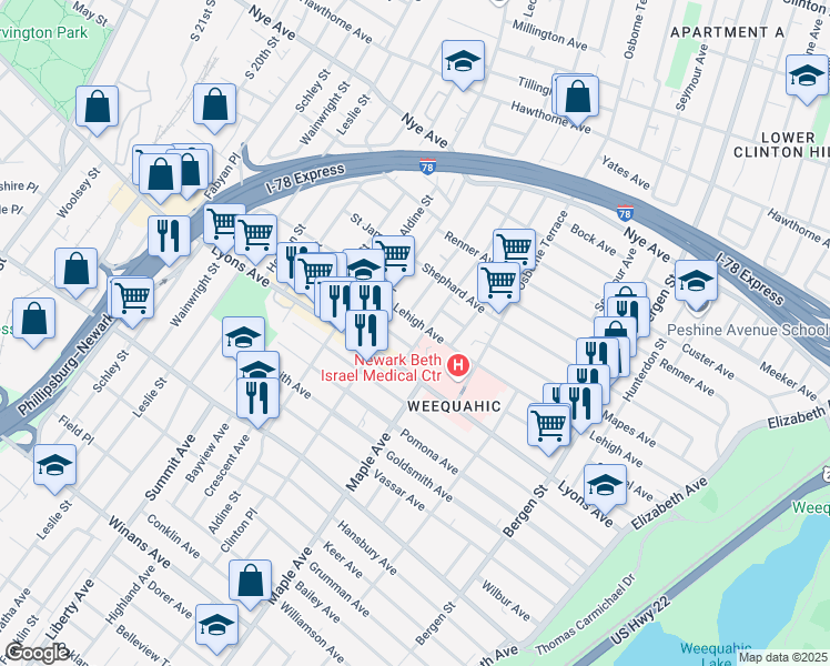 map of restaurants, bars, coffee shops, grocery stores, and more near 203 Schuyler Avenue in Newark