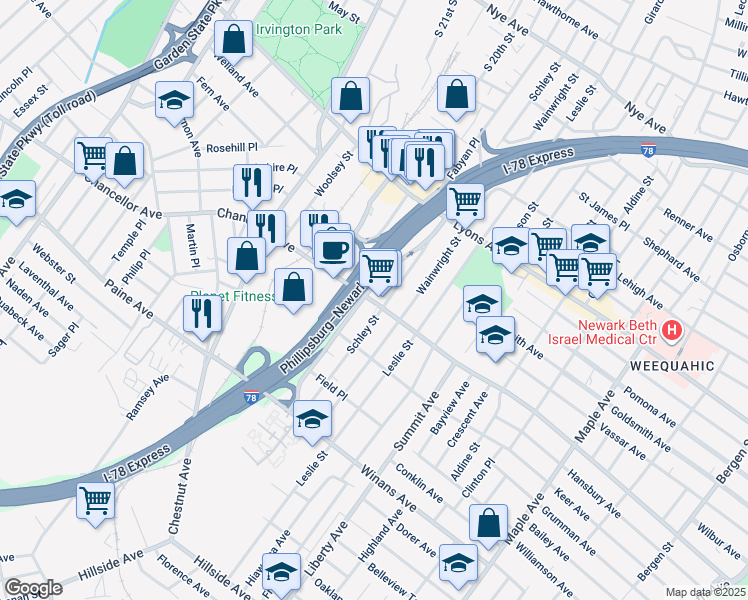 map of restaurants, bars, coffee shops, grocery stores, and more near 414 Chancellor Avenue in Newark