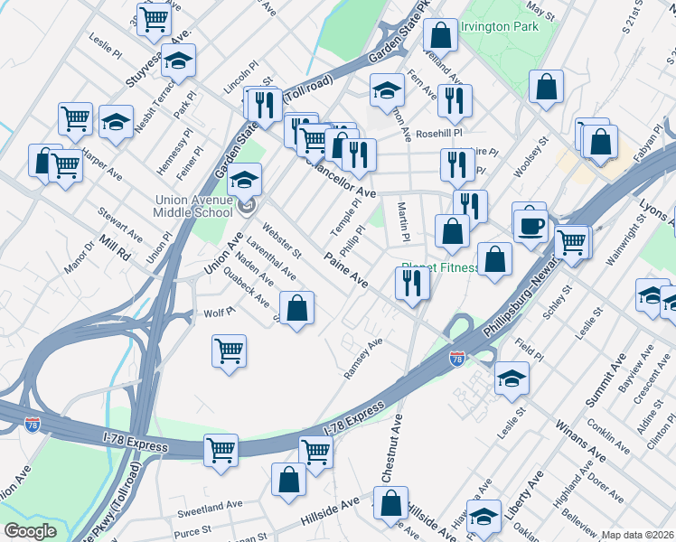 map of restaurants, bars, coffee shops, grocery stores, and more near 29 Webster Street in Irvington