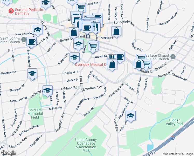 map of restaurants, bars, coffee shops, grocery stores, and more near 12 William Street in Summit