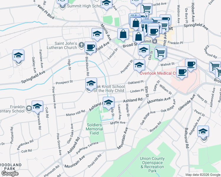map of restaurants, bars, coffee shops, grocery stores, and more near 52 Oakland Place in Summit