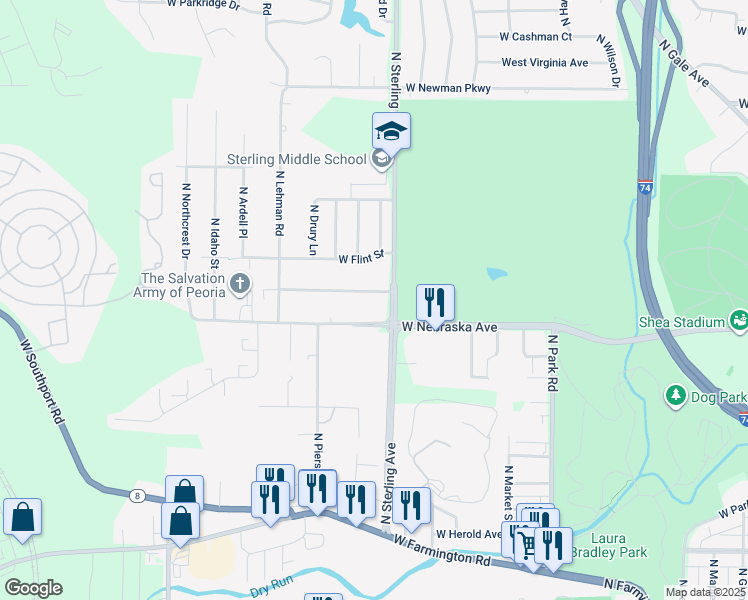 map of restaurants, bars, coffee shops, grocery stores, and more near in Peoria