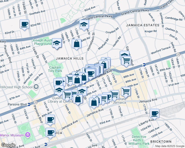 map of restaurants, bars, coffee shops, grocery stores, and more near 170-10 Cedarcroft Road in Queens