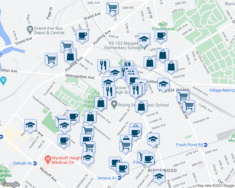 map of restaurants, bars, coffee shops, grocery stores, and more near 21-46 Himrod Street in Queens