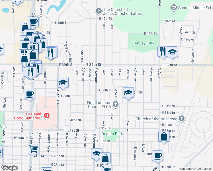 map of restaurants, bars, coffee shops, grocery stores, and more near 3600-3898 F Ave in Kearney