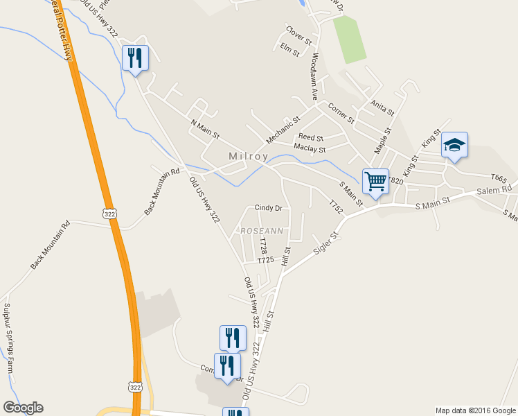map of restaurants, bars, coffee shops, grocery stores, and more near 52 Ruth Street in Milroy