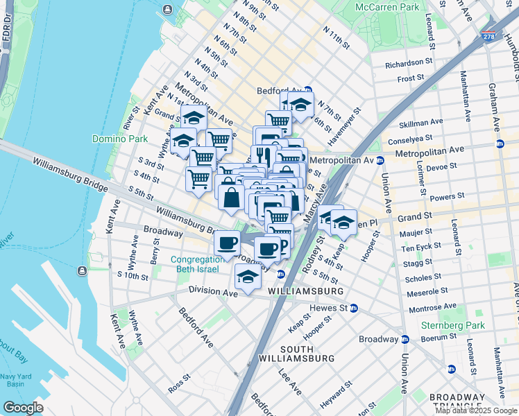 map of restaurants, bars, coffee shops, grocery stores, and more near 209 South 3rd Street in Brooklyn