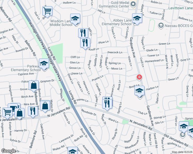 map of restaurants, bars, coffee shops, grocery stores, and more near 17 Prairie Lane in Levittown