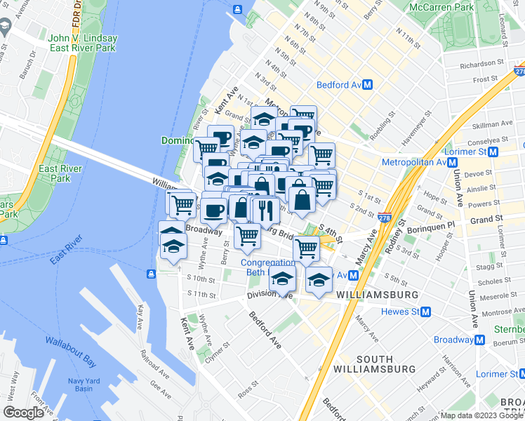 map of restaurants, bars, coffee shops, grocery stores, and more near 376 Bedford Avenue in Brooklyn