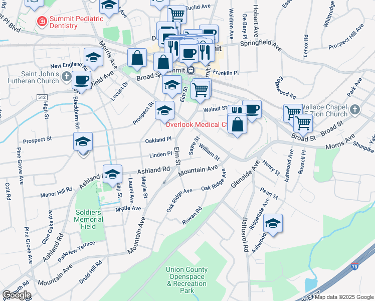 map of restaurants, bars, coffee shops, grocery stores, and more near 17 Sayre Street in Summit