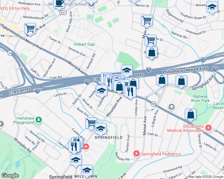 map of restaurants, bars, coffee shops, grocery stores, and more near 276 Morris Avenue in Springfield Township