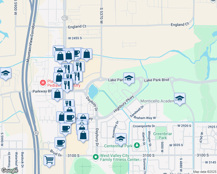 map of restaurants, bars, coffee shops, grocery stores, and more near 5301 White Horse Lane in West Valley City
