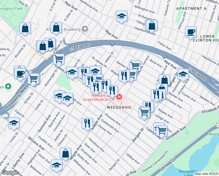 map of restaurants, bars, coffee shops, grocery stores, and more near 203 Schuyler Avenue in Newark