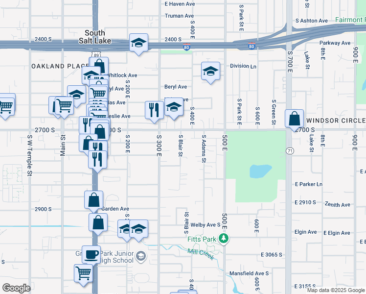 map of restaurants, bars, coffee shops, grocery stores, and more near 2751 South Blair Street in South Salt Lake