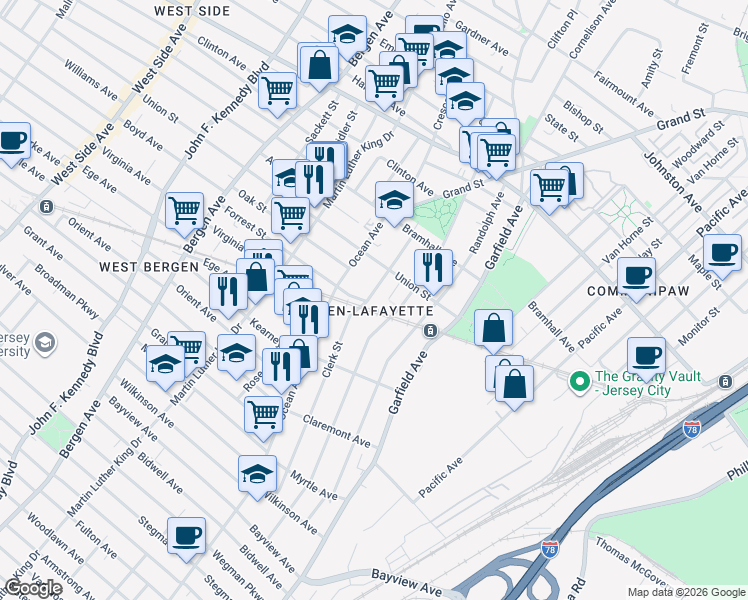 map of restaurants, bars, coffee shops, grocery stores, and more near 1 Minerva Street in Jersey City