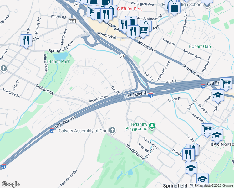 map of restaurants, bars, coffee shops, grocery stores, and more near 1B Troy Drive in Springfield