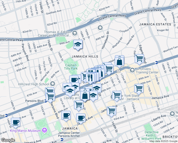 map of restaurants, bars, coffee shops, grocery stores, and more near 87-06 168th Street in Queens