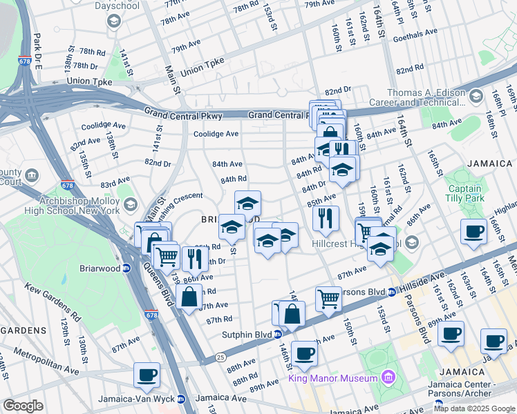 map of restaurants, bars, coffee shops, grocery stores, and more near 147-22 84th Drive in Queens