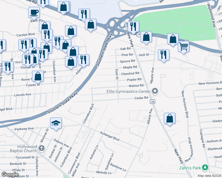 map of restaurants, bars, coffee shops, grocery stores, and more near 54 Walnut Road in Amityville
