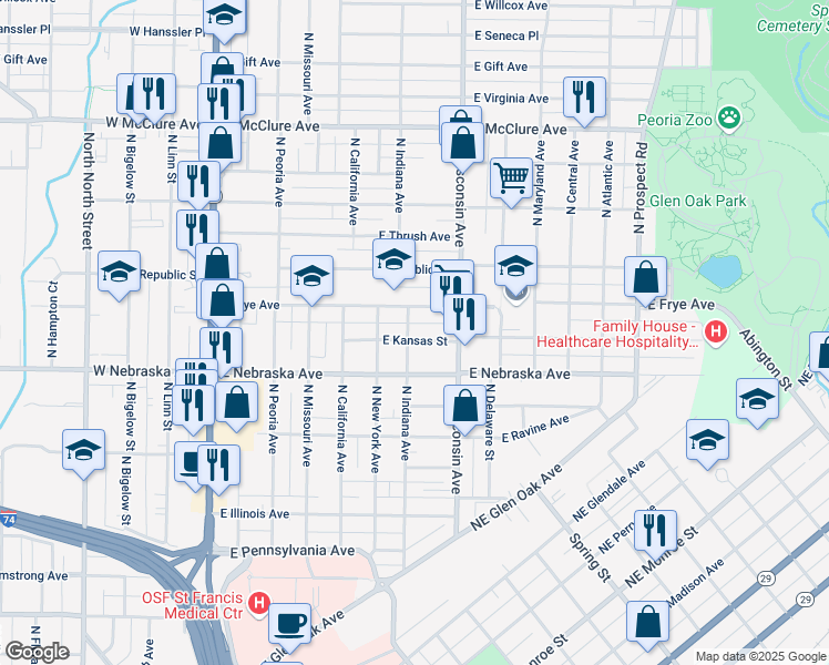 map of restaurants, bars, coffee shops, grocery stores, and more near 703 East Kansas Street in Peoria