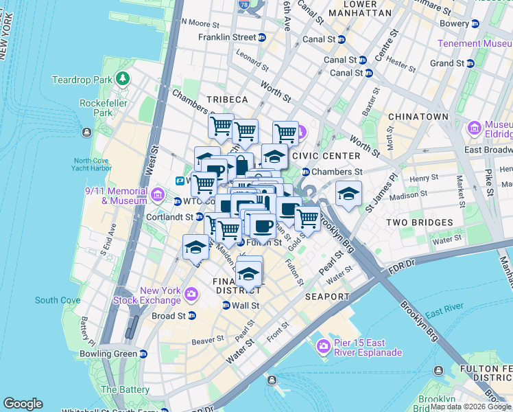 map of restaurants, bars, coffee shops, grocery stores, and more near 1 Beekman Street in New York